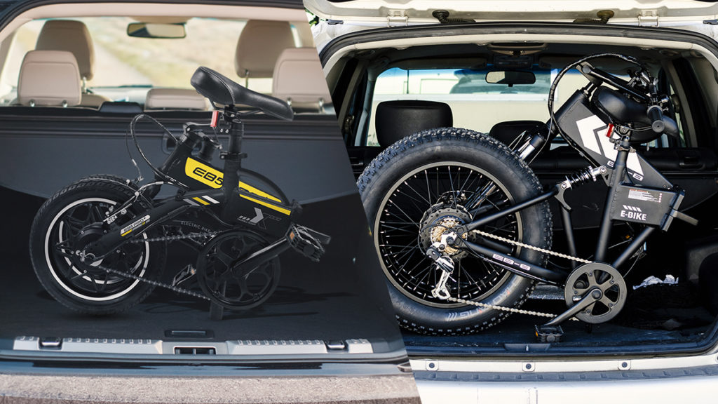 Split image of the EB5 Pro Plus (left) folded in the trunk and the EB8 Fat-Tire eBike (right) folded in a trunk.