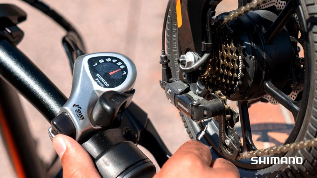 Closeup of Shimano Gear Shifts with SWAGTRON electric bike.