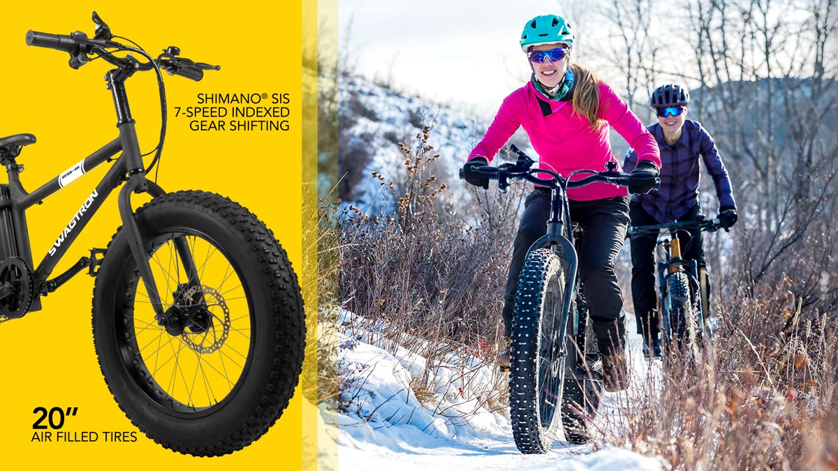 Split screen image, showing the EB6 (left); two women outside in the snow riding their EB6.