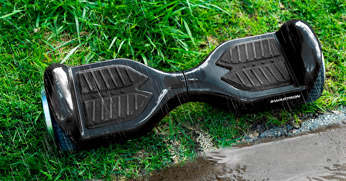 Can a hoverboard get wet? Close-up of a hoverboard on the grass, left out in the rain (not recommended)