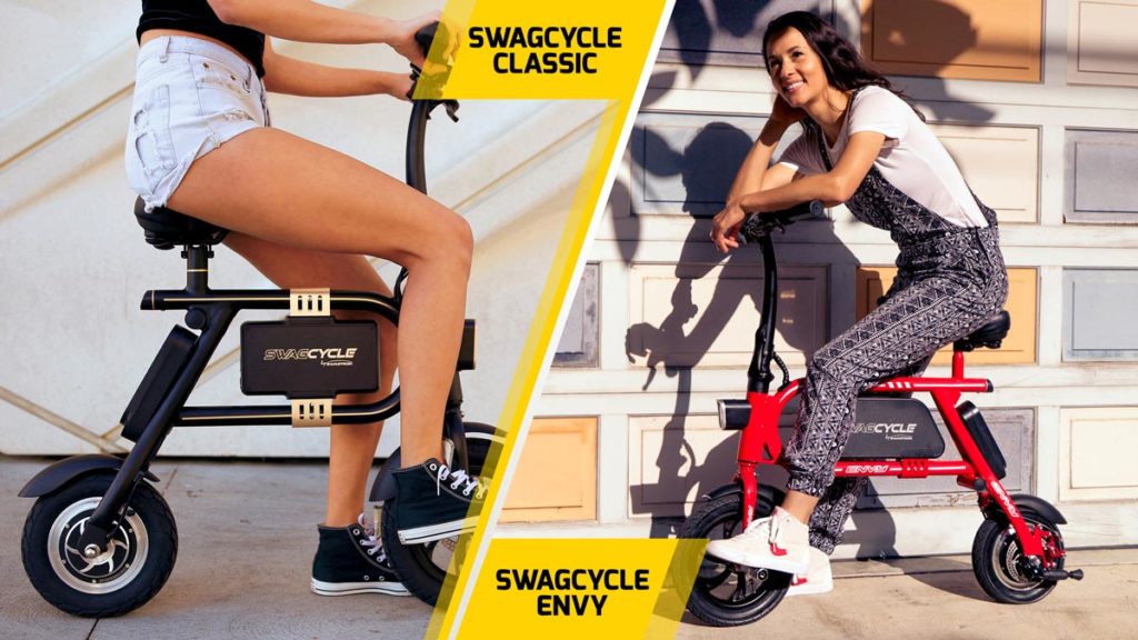 Split-image of young woman sitting on a swagCYCLE Classic (left) and swagCYCLE Envy (right) electric bike.