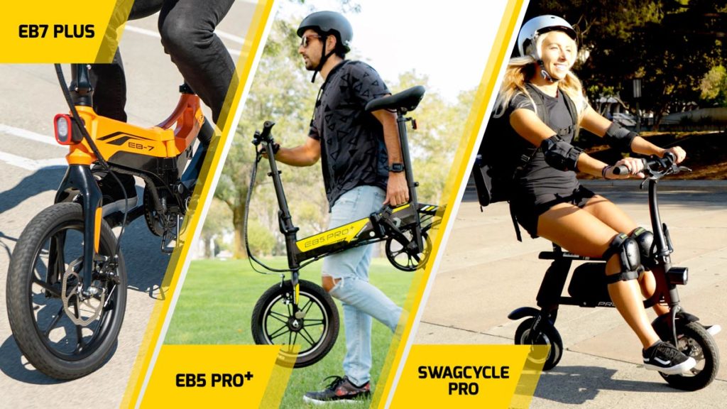 Three-image split of the EB7 Plus (left), the EB5 Pro Plus (center) and the swagCYCLE Pro (right) electric bike.