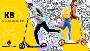 Images of kids riding the new K8 kick scooter colors