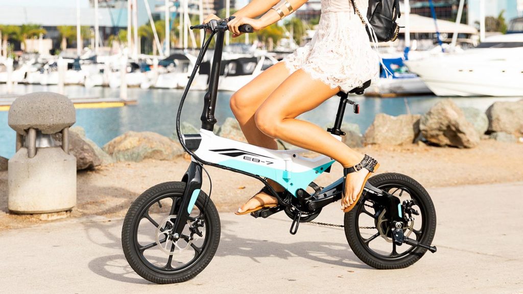 Woman riding the EB7 eBike.