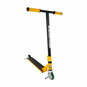 Swagtron black and yellow stunt scooter with pegs