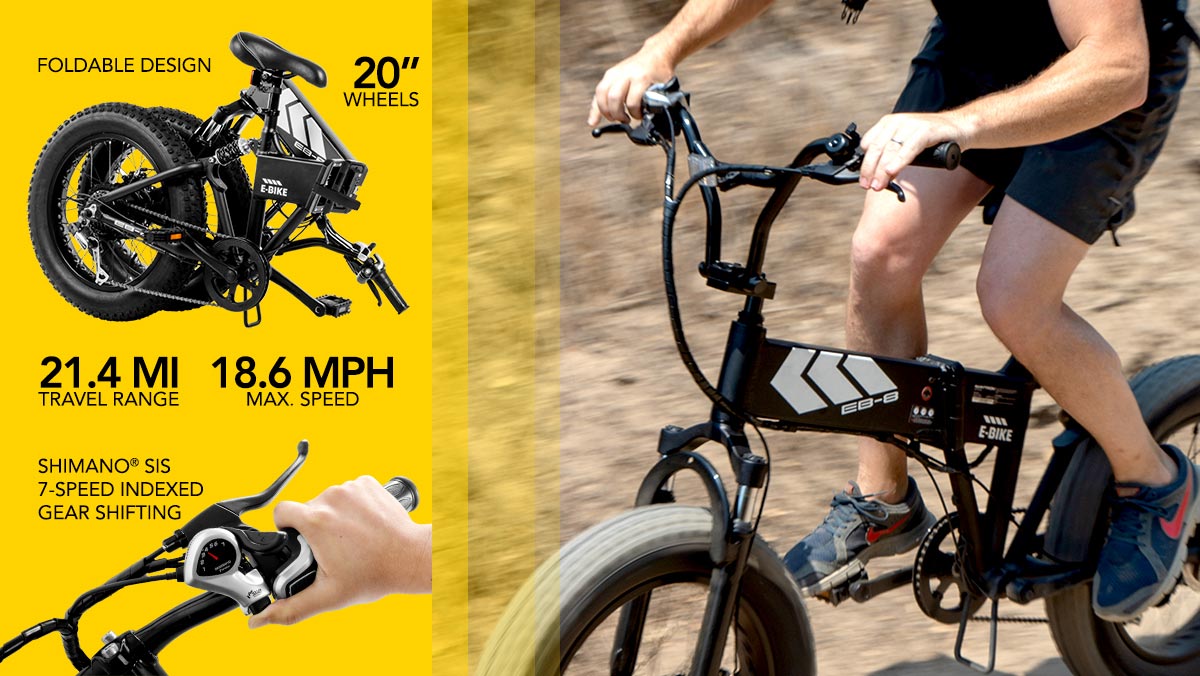 Split-image showing a man trail-riding on his EB8 Electric Mountain Bike (right) and a list of EB8 specs and benefits on the left.