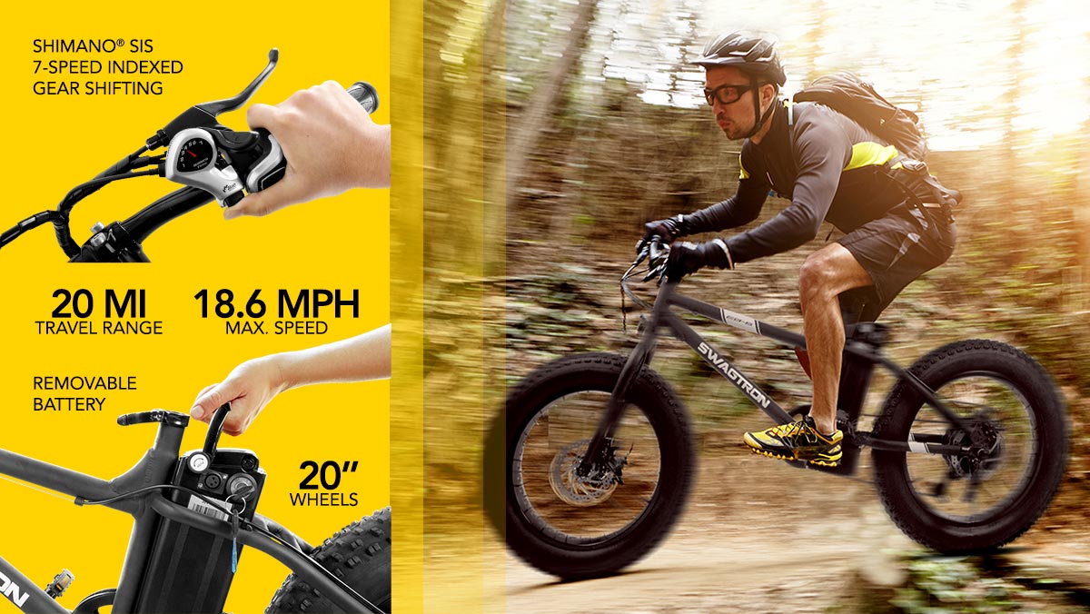 Split-image showing a man trail-riding on his EB6 Electric Mountain Bike (right) and a list of EB6 specs and benefits on the left.