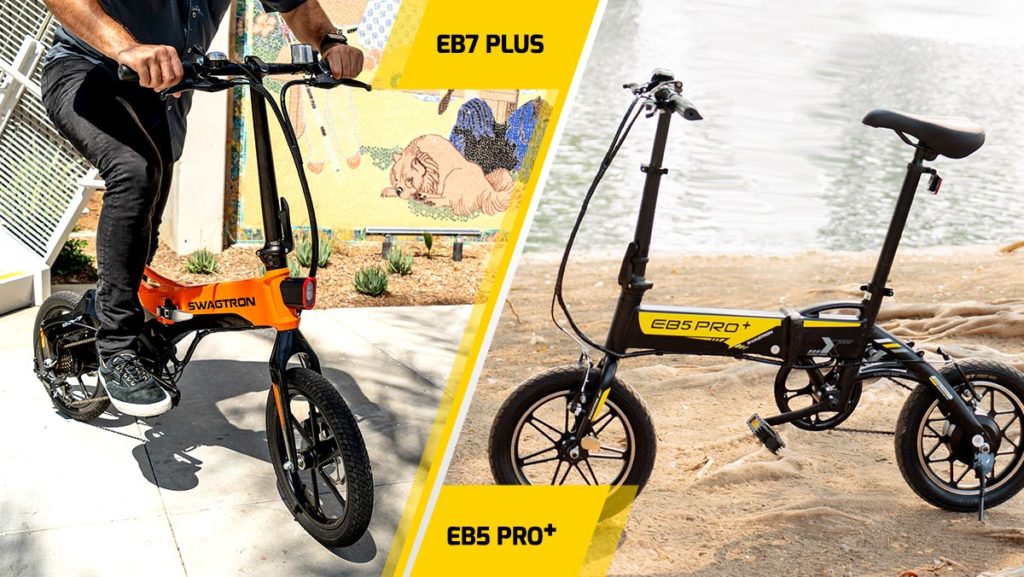 Split image of the EB7 Plus eBike and the EB5 Pro Plus electric bike.