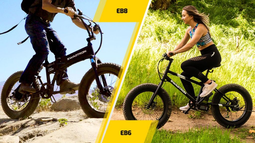 Split image of the EB8 Off-Road Fat Tire eBike (left) and the EB6 Youth All-Terrain eBike with fat tires.