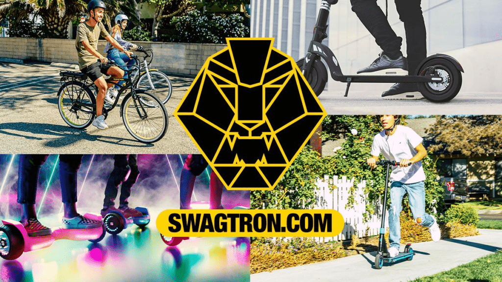 4-split image feature people riding various SWAGTRON products, including the EB10 eBike, the Swagger 7T Transport, Warrior hoverboard, and K8 kick scooter.